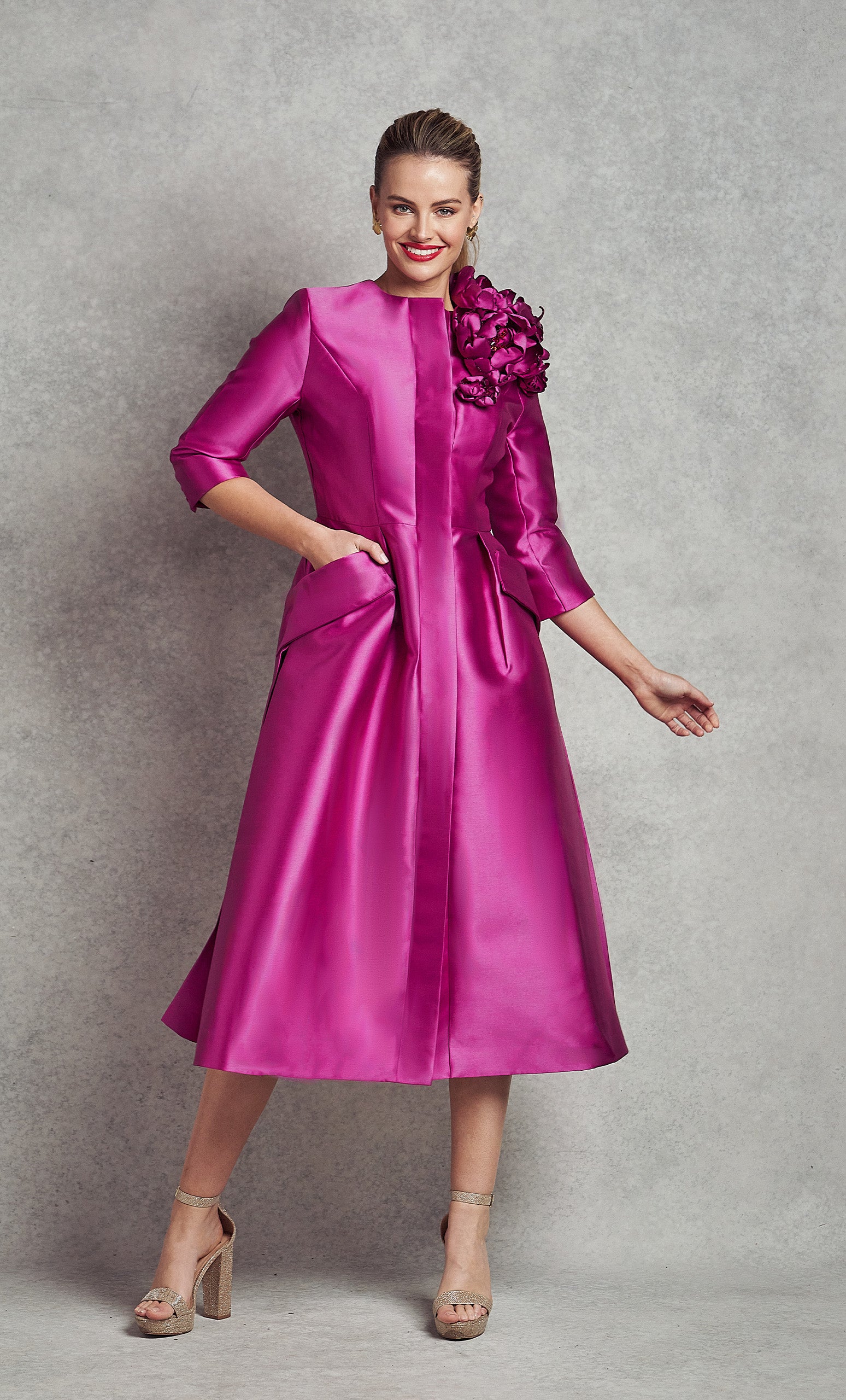 Jackie O Dress Coat | Fuchsia | with Embellishment |