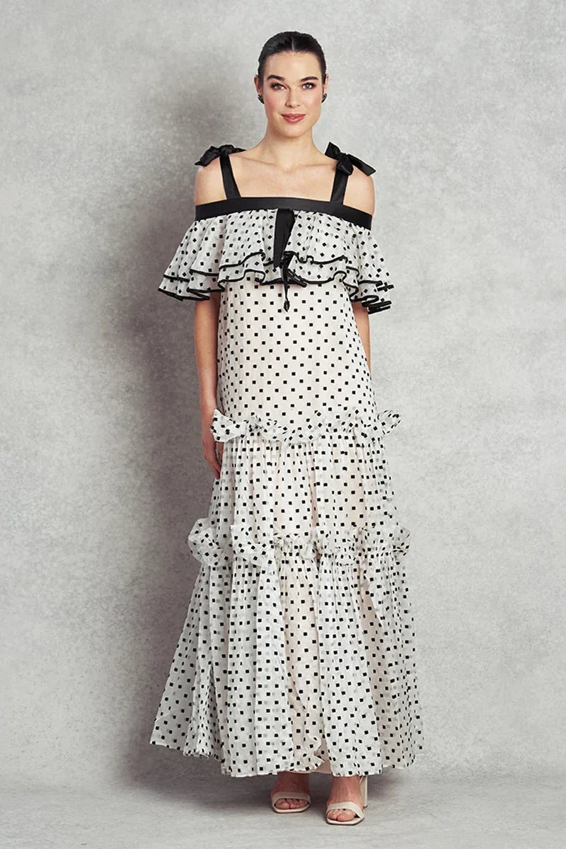 Happiness Dress - White with Black Polka Square Embroidered Pattern