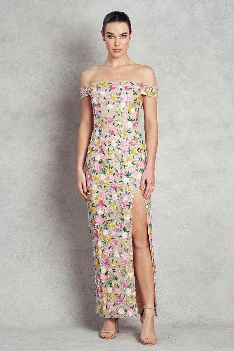 Chasing Sunset Gown - Nude with Floral Sequins